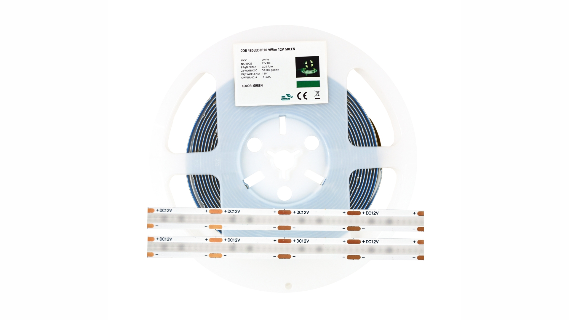 LED Strip 2400 LED 480 LED/m COB 9W, GREEN